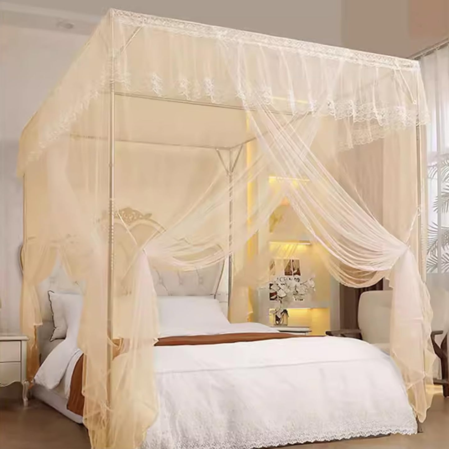 VELSKUD Canopy Bed Frame, Stainless Steel Bed Canopy with 4 Corner Canopy Poles