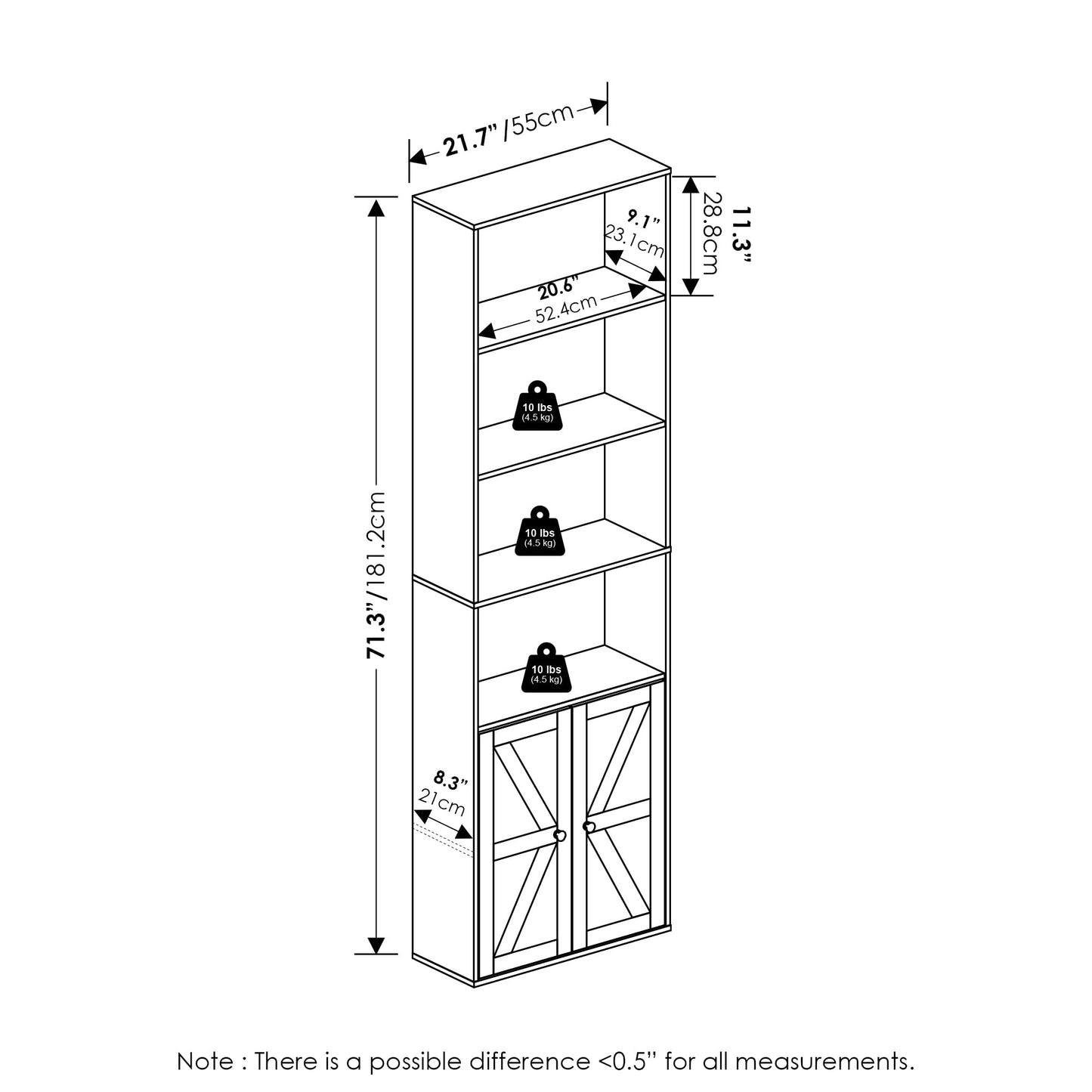 Furinno Jensen Book Shelf, 6-Tier Farmhouse Bookshelf, Display Bookcase with Doors, 9.2" x 21.6" x 71.2", for Organization and Storage, for Living Room, Bedroom, Home Office, White