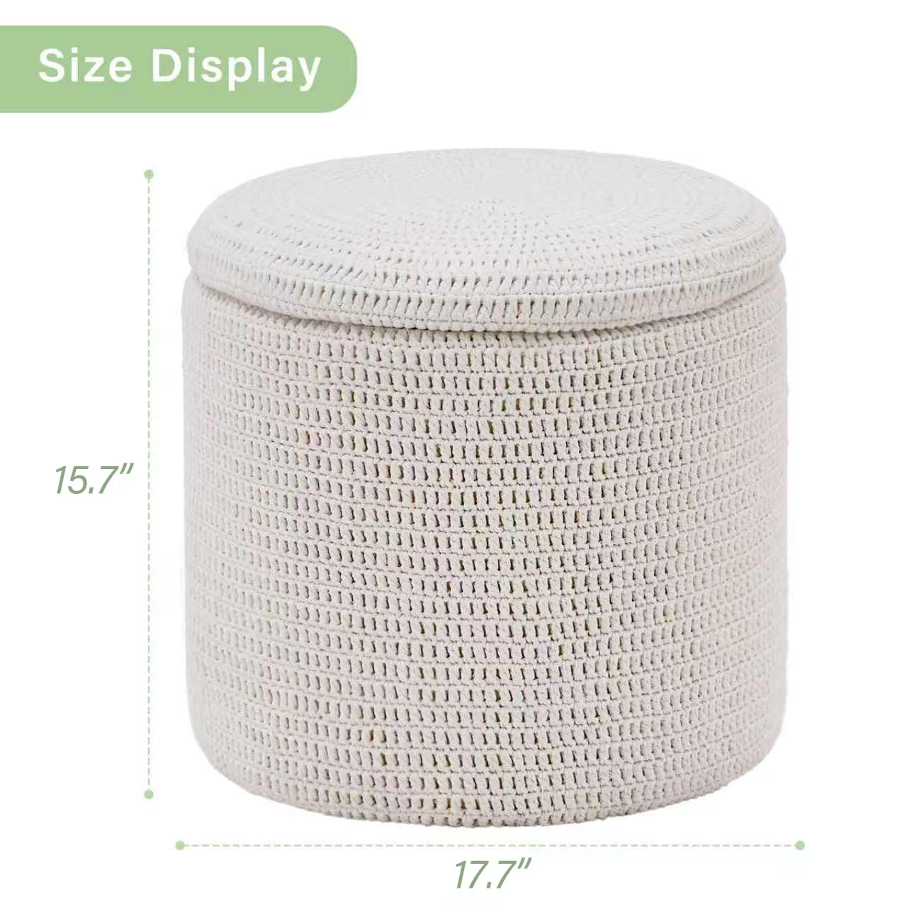 Wimarsbon Pouf Ottoman, 100% Cotton Knitted Boho Footstool, Round Footrest with Non-Skid Wood Legs, Home Décor Handmade Pouffe, Leisure Floor Step Stool for Living Room (18inch White Storage Ottoman)