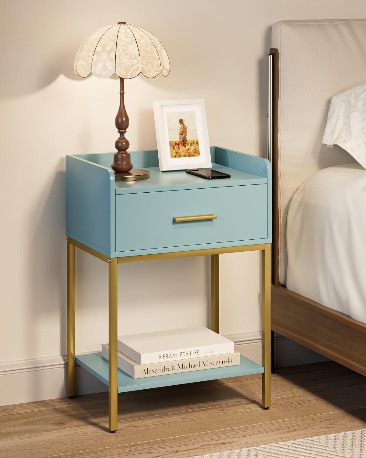 Apetaccat Nightstand,Modern Bedside Table Night Stand with Storage Drawer and Open Shelf,Small End Side Table for Bedroom,Living Room,Blue