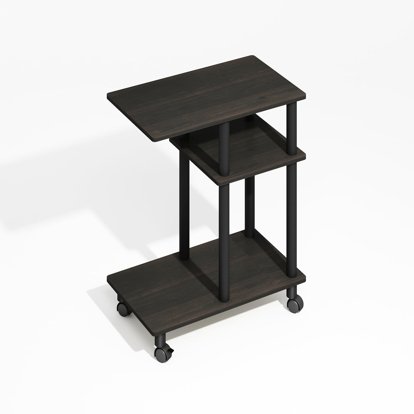 Furinno Turn-N-Tube Side Table, 3-Tier C-Shape End Table with Wheels, Toolless Assembly Night Stand, Bedside Table with Open Shelf, for Living Room, Bedroom, Black Espresso