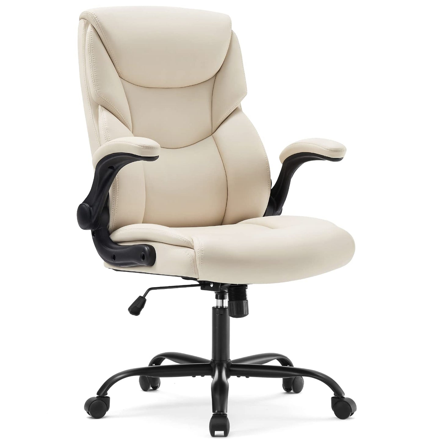 DUMOS Office Chair Set of 2 - Ergonomic Executive Computer Desk Chairs with Adjustable Flip-up Armrest, Swivel Task Chair with Lumbar Support, Strong Metal Base, PU Leather, Cream White