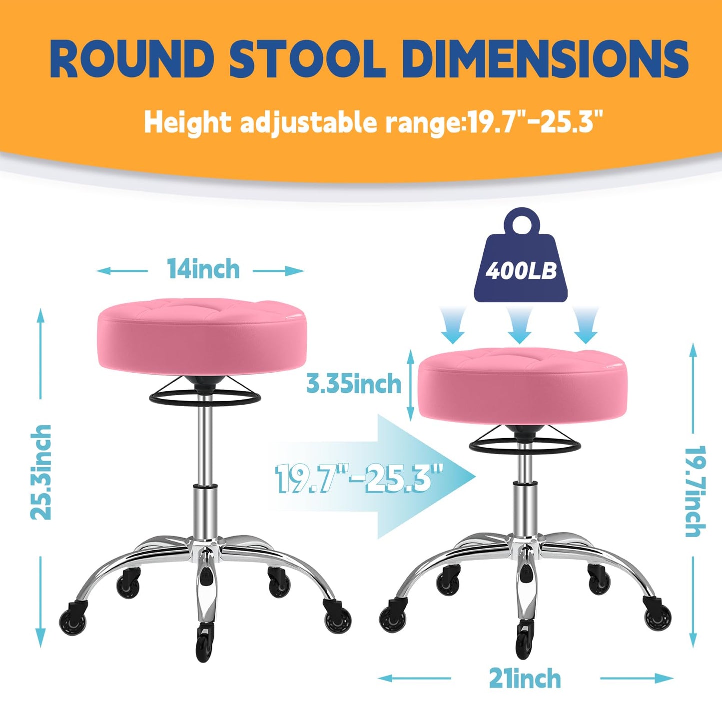 YEEZEE Rolling Stool Heavy Duty 400lb: Super Soft Leather Seat Cushion, 360 Swivel, Height Adjustable 19.7"-25.3", No Squeaky Noises, No Tip Over, Salon & Spa Stool, Pink