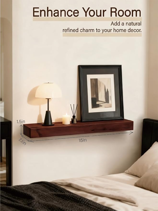 Solid Wood Floating Shelves, 15in Finished Real Wood Wall Shelves