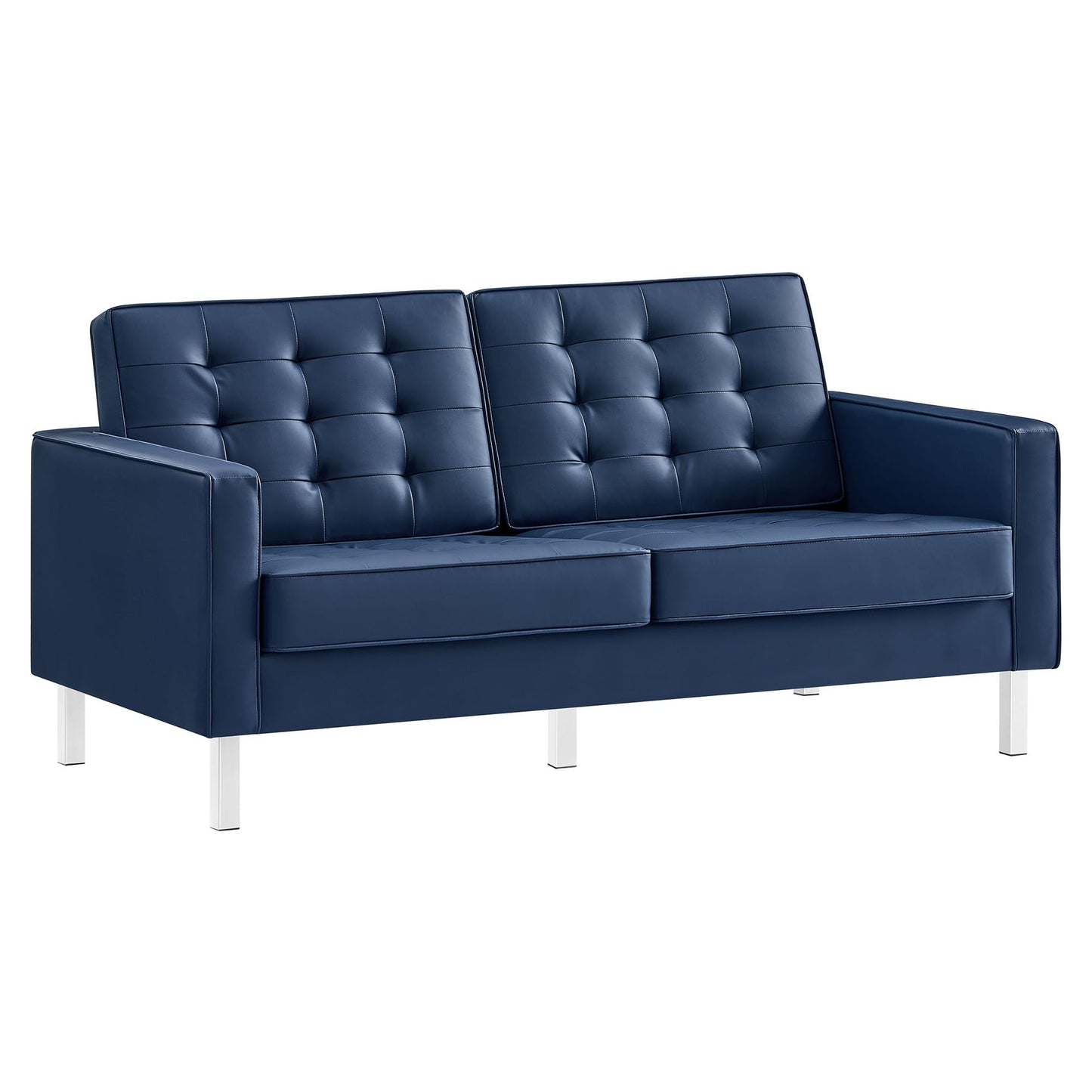 Modway Loft Tufted Button Faux Leather Upholstered Loveseat in Silver Navy