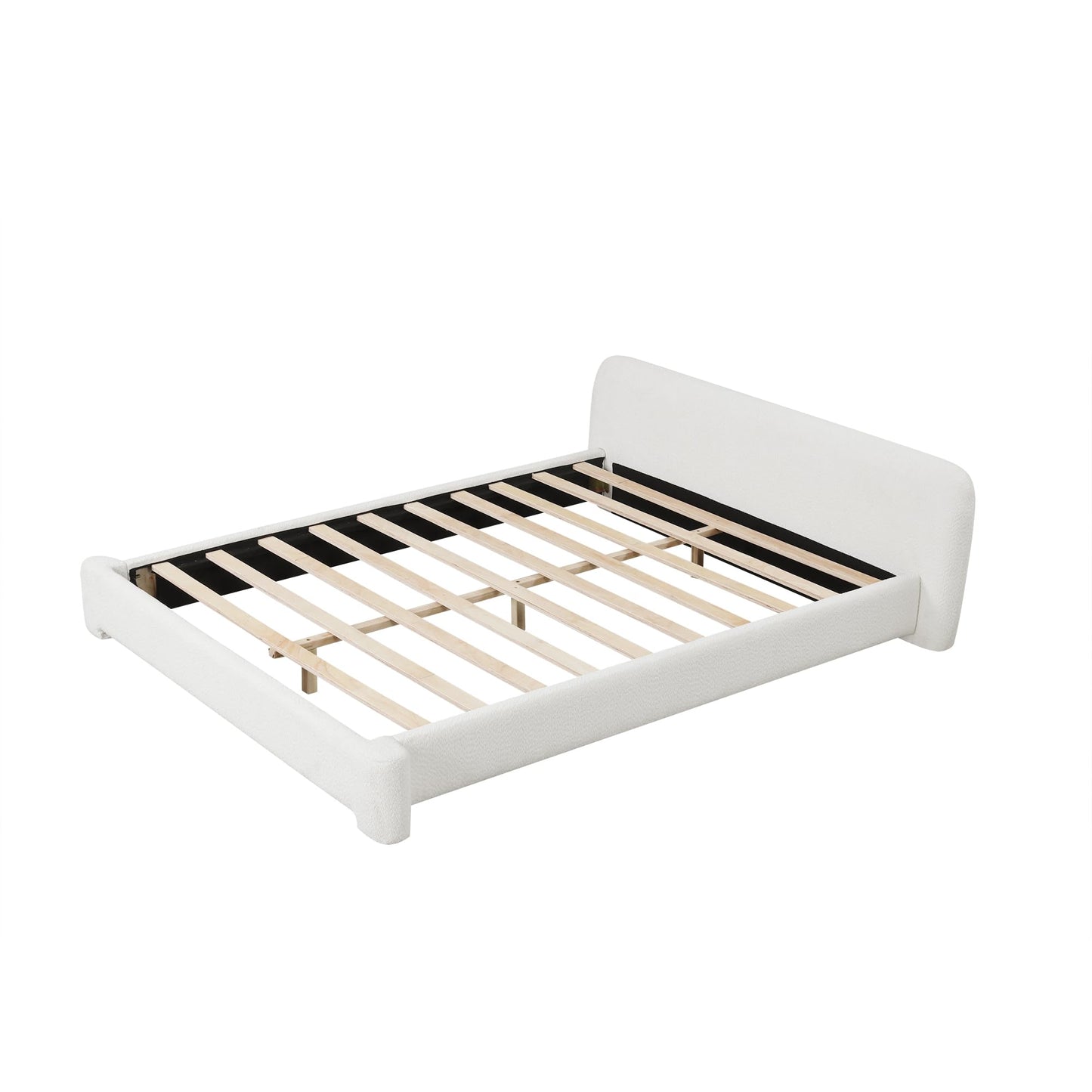 KOYVRY Boucle Bed Frame - Upholstered Platform Bed with Curved Headboard and Rounded Corners, Minimalist Bed Frame with 10 Wooden Slats and 3 Central Support Legs, No Box Spring Needed, White (Queen)