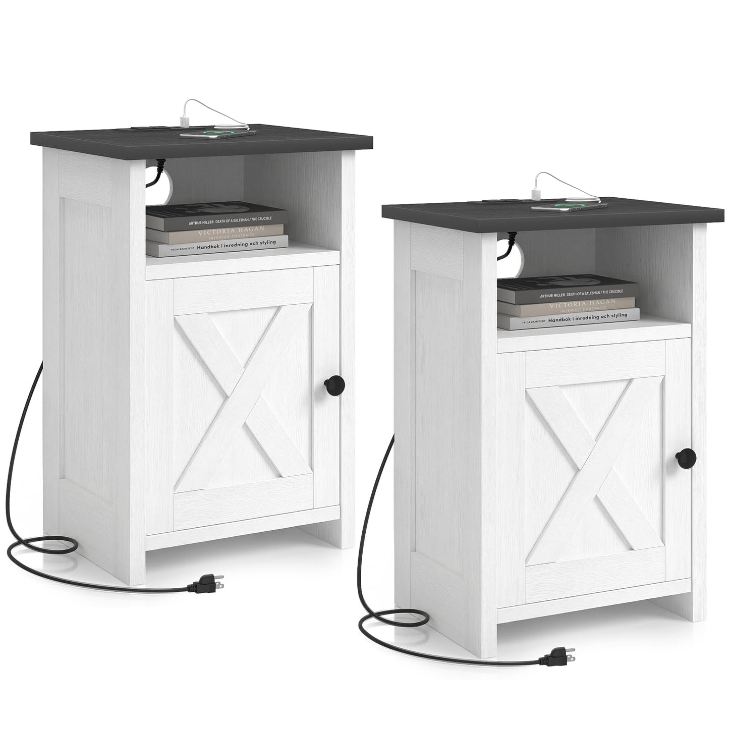 AURINEST Farmhouse End Table Set of 2 w/Charging Station, Nightstands w/Barn Door&Storage Shelf, Rustic Bedside Table for Living Room, Bedroom, Entryway, Office, Small Spaces, White