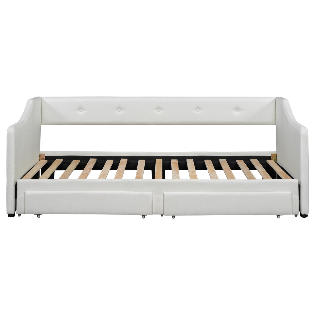 Twin XL to King Size Upholstered Daybed with Linen Fabric, 2 Storage Drawers, Extendable Platform Bed with Foam-Padded Back and Armrests, Sturdy Pine and MDF Frame, Sofa Bed for Users, Beige