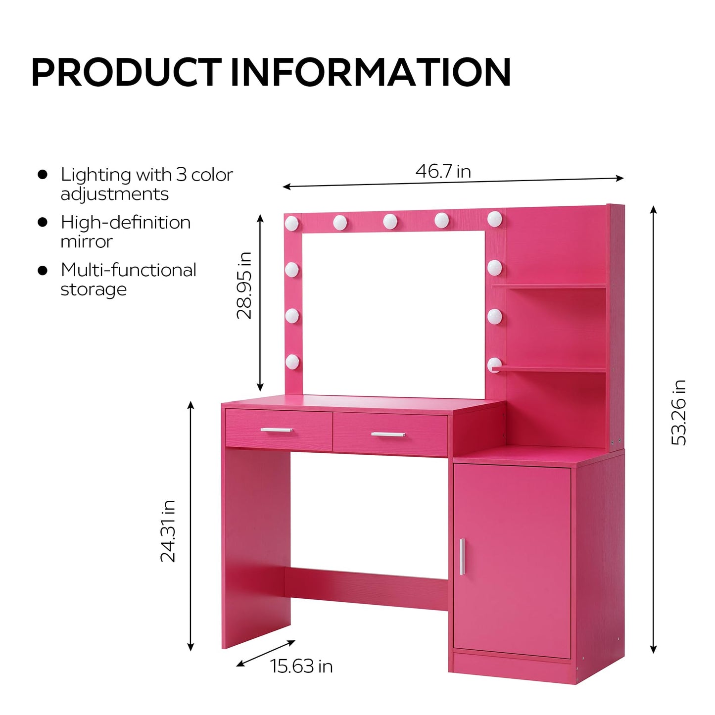 MIRROTOWEL 46.7" Vanity Desk with Mirror & LED Lights, Dressing Table with 2 Large Drawers & Vertical Organizer, 3-Tier Storage, 3 Adjustable Lighting Modes, Makeup Desk for Bedroom