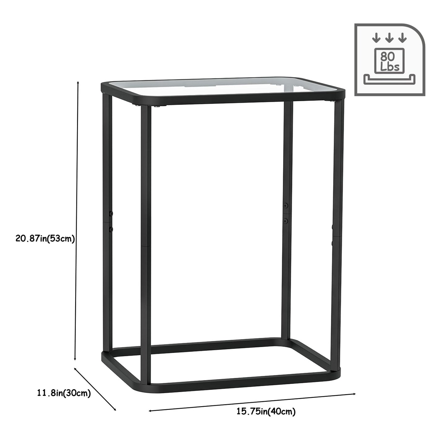 Garden 4 you Glass Side Table, Rectangle End Table with Metal Frame, Modern Bedside Table for Office, Bedroom, Living Room, Study, Small Spaces, Easy Assembly, 15.75 * 11.81 * 20.87 Inches, Black