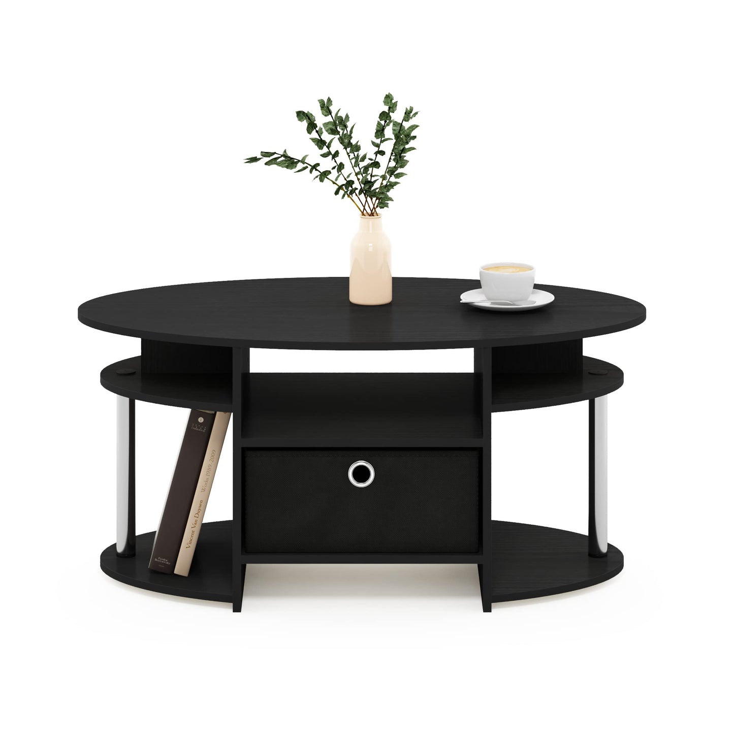 Furinno Jaya Simple Design Oval Coffee Table with Bin for Living Room, Americano/Chrome/Black