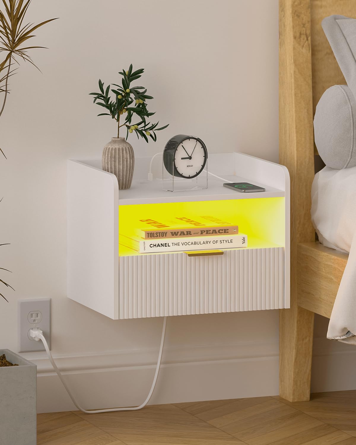 Veegle White Floating Nightstand with Charging Station and LED Lights (White)