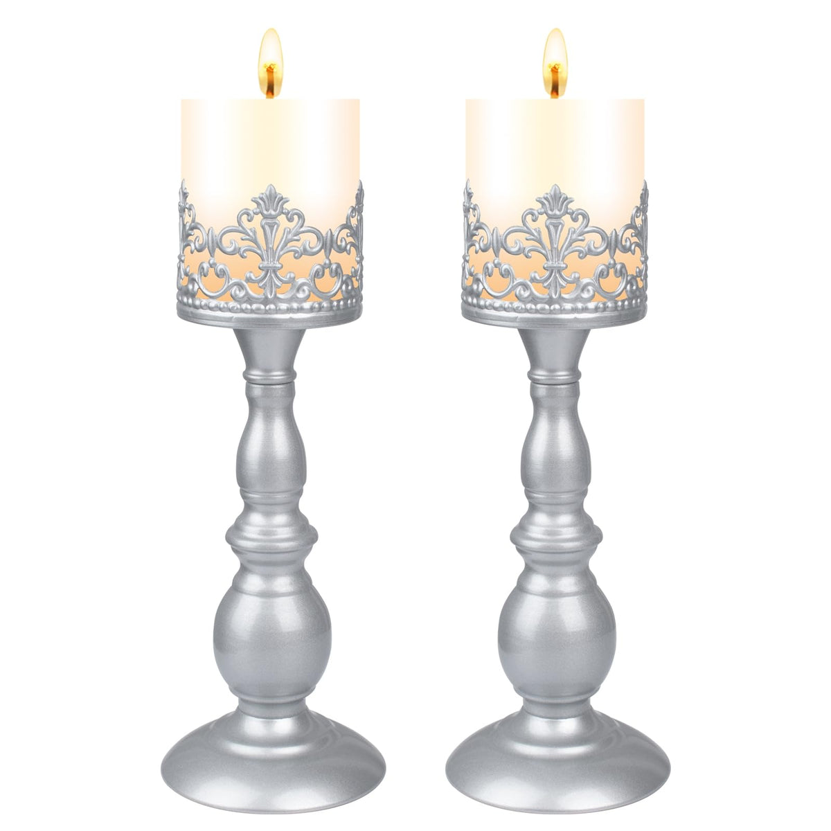 Candle Holders for Pillar Candles Gothic Matte Pearl Silver Tall Candle Holders Set of 2 Decorative Large Table Centerpieces Candle Stand Decor (Pearl Silver 2PCS A)