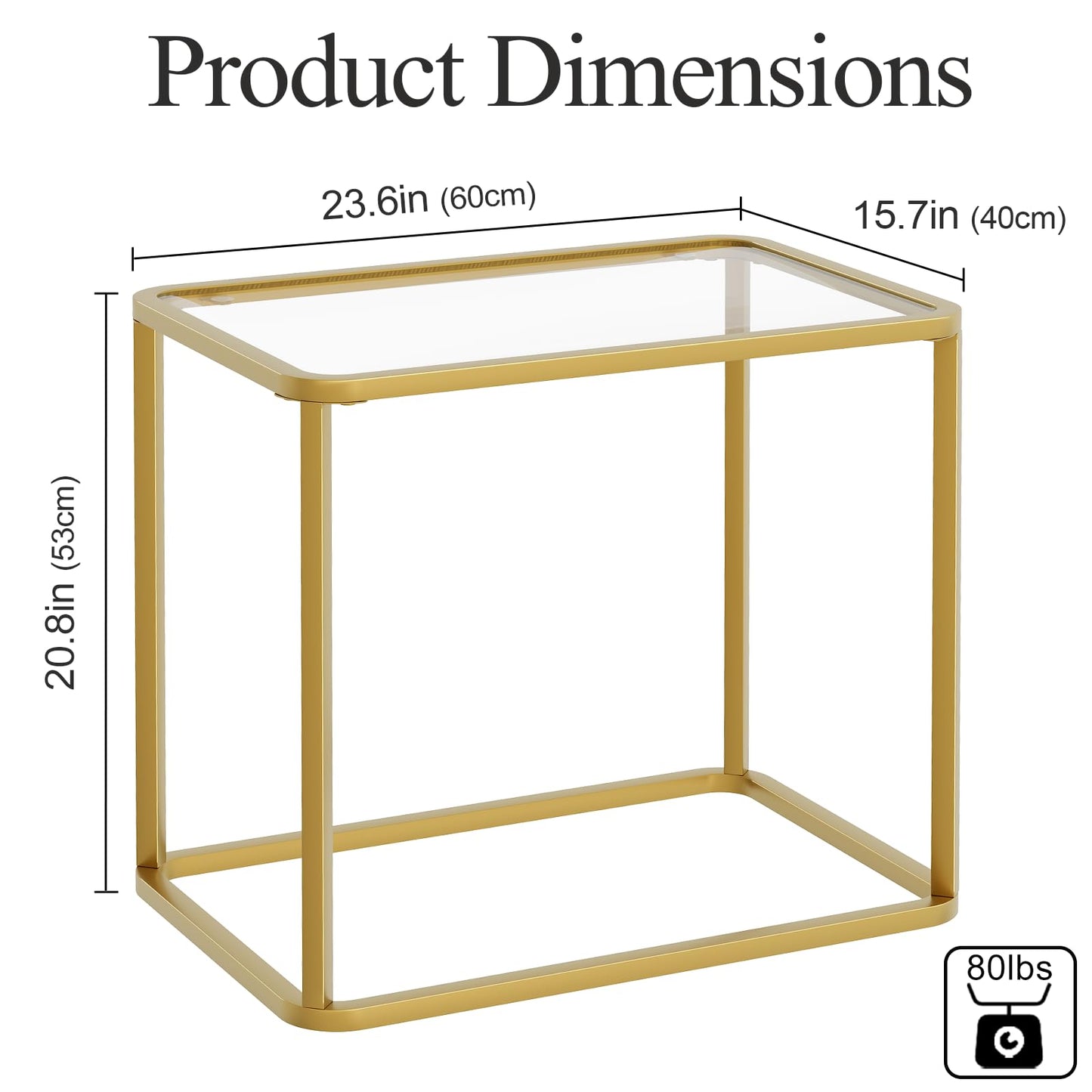 Garden 4 you Glass Side Table, Rectangle End Table with Metal Frame, Modern Bedside Table for Office, Bedroom, Living Room, Study,Small Spaces,Easy Assembly,23.6x15.7x20.8 Inches,Gold