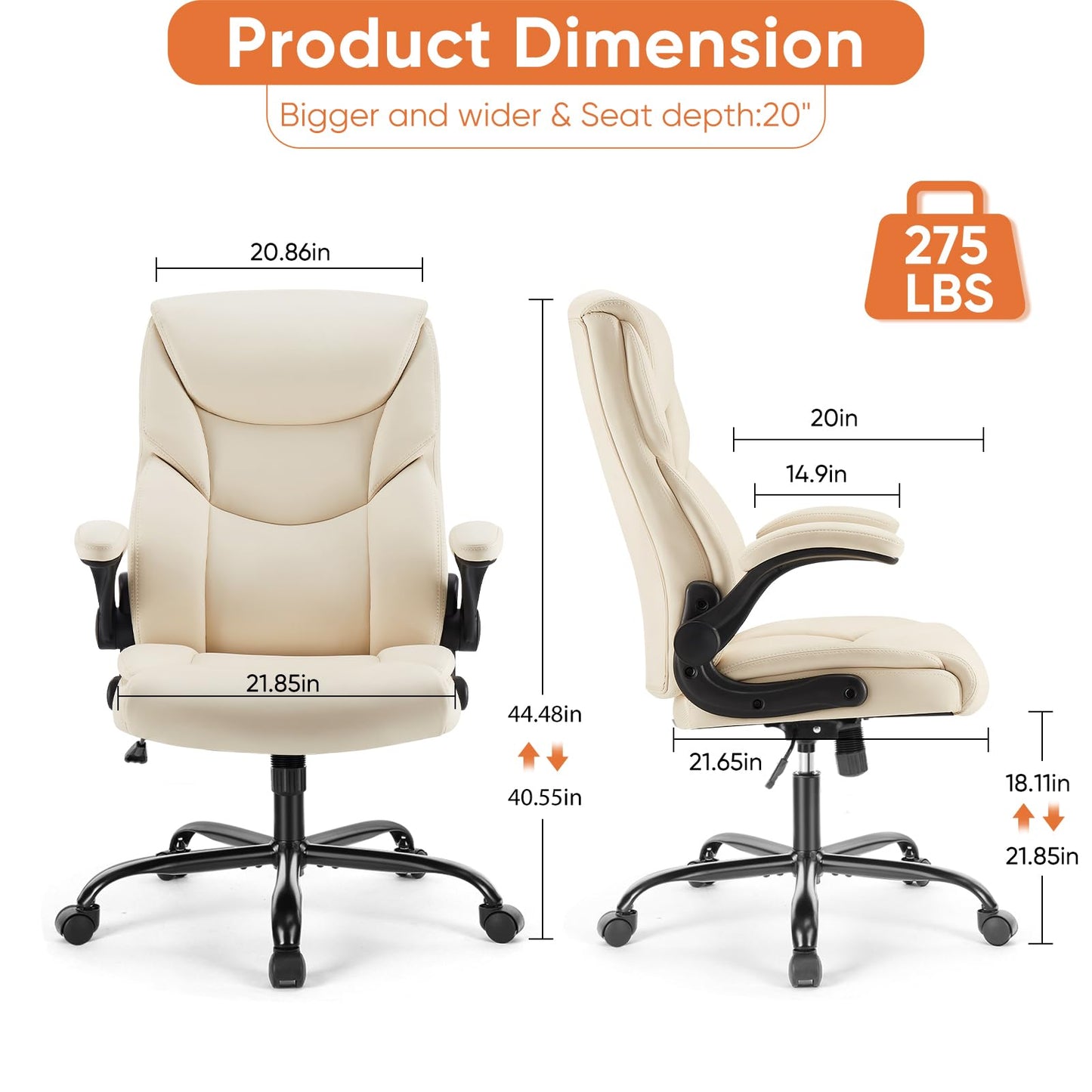 Sweetcrispy Ergonomic Office Chair - Heavy Duty Task Desk Chair with Flip-up Armrest, PU Leather, Height Adjustable & Swivel Rolling Chair with Wheels, Beige