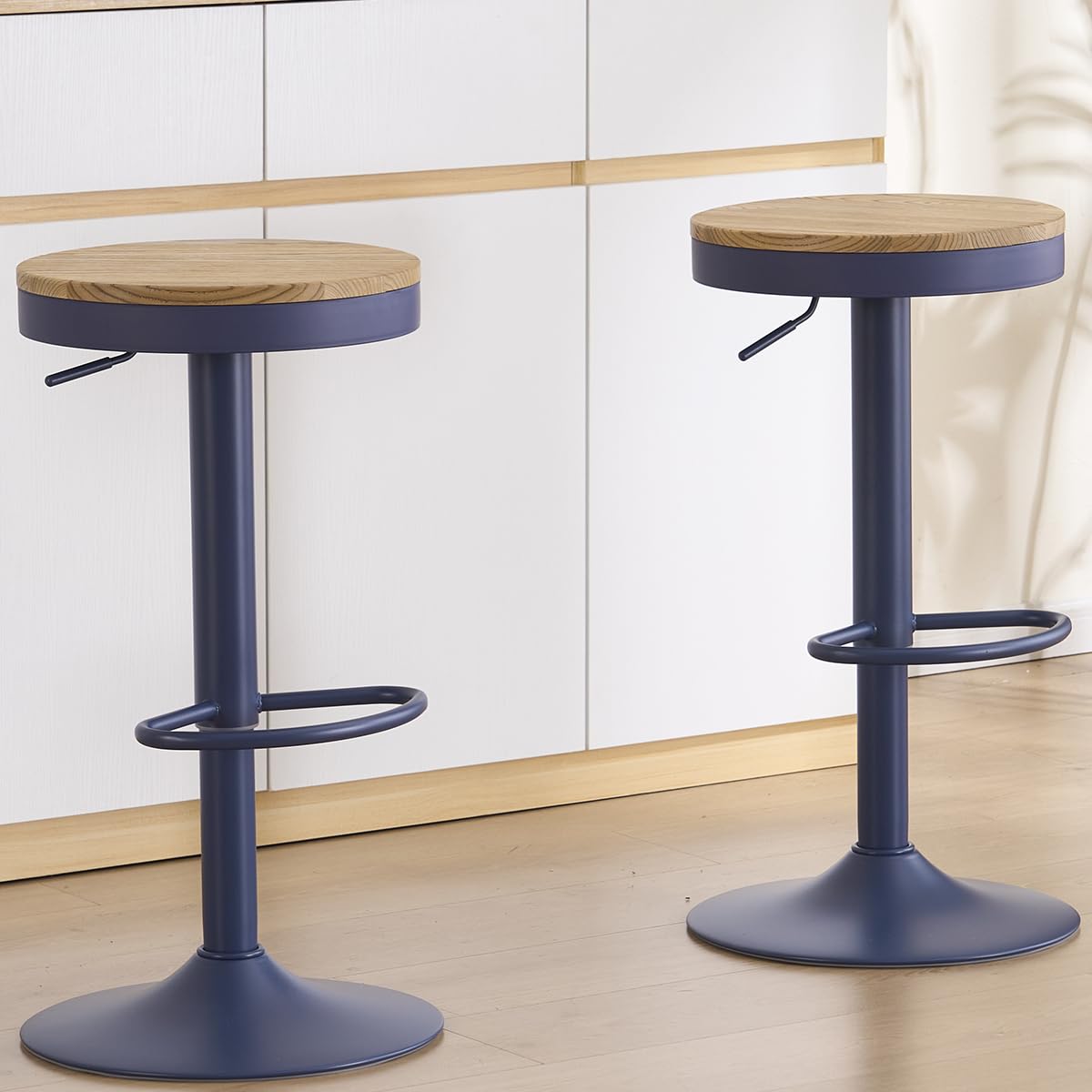 Kidol & Shellder Bar Stools Set of 2 Round Adjustable Swivel Barstools Modern Backless Bar Chairs Wooden Seat Counter Height Stools Armless for Kitchen Island, Cafe, Dining Room Blue
