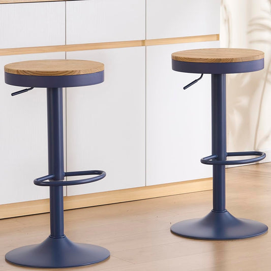 Kidol & Shellder Bar Stools Set of 2 Round Adjustable Swivel Barstools Modern Backless Bar Chairs Wooden Seat Counter Height Stools Armless for Kitchen Island, Cafe, Dining Room Blue
