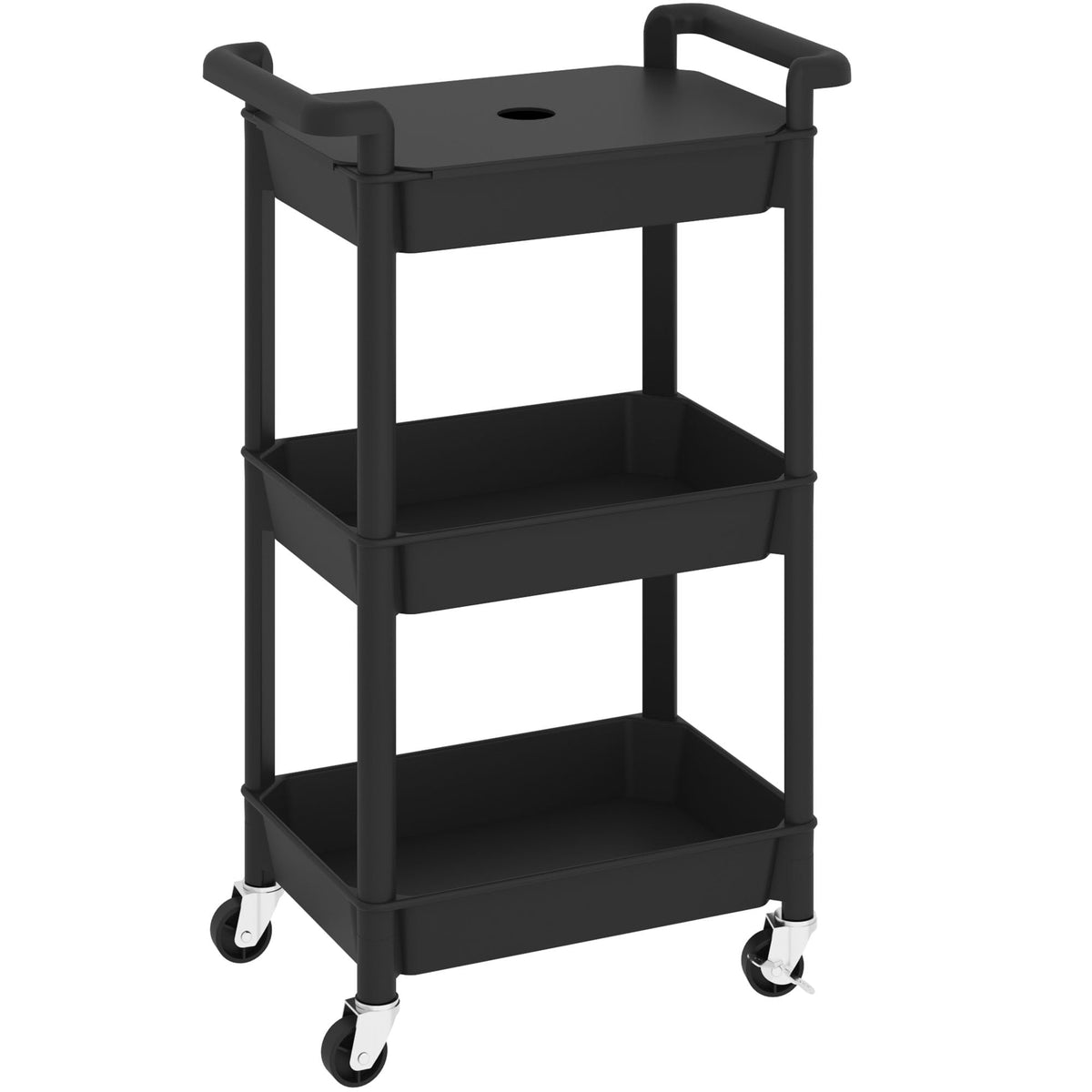MIOCASA Utility Rolling Cart with Cover Top Board, 3-Tier Kitchen Storage Organization, Art Cart with Wheels for Office, Classroom, Livingroom, Kitchen, Bathroom (Black, 3-Tier-Plastic)