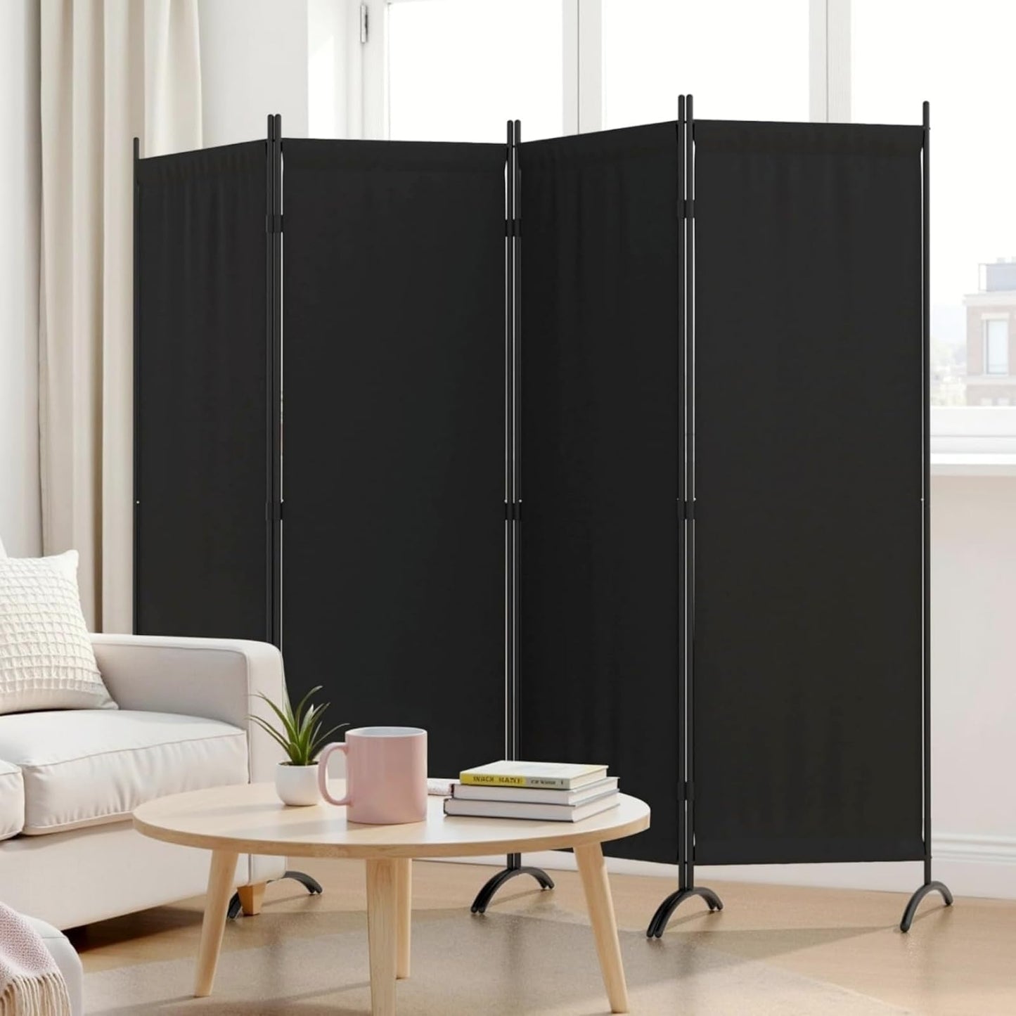 Kecreque Room Divider 4 Panel Partition Room Dividers and Folding Privacy Screens with 5 Curved Metal Feet Portable Divider Wall 88" W Temporary Wall for Office Divider Bedroom Dressing Room,Black