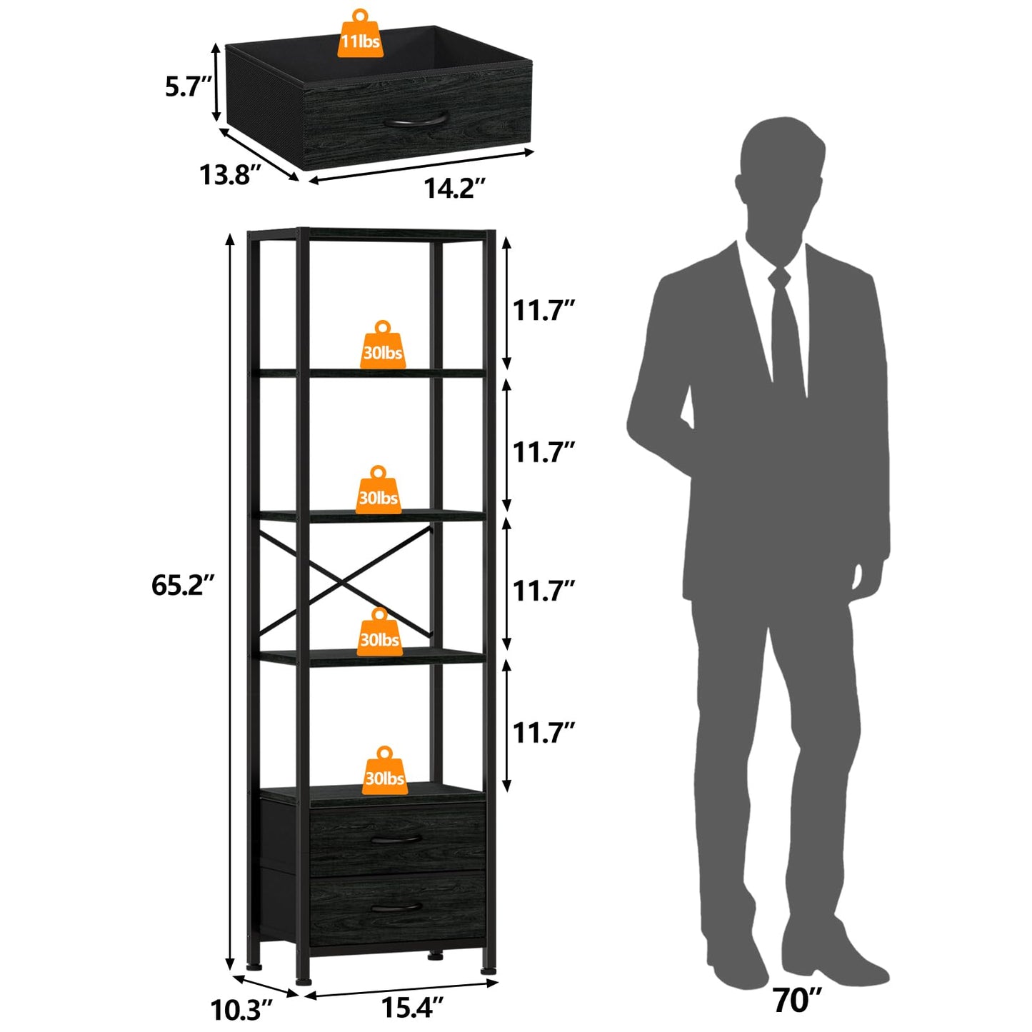 Furnulem 5-Tier Corner Shelf, Narrow Bookshelf with 2 Storage Drawers, 65.16" Tall Bookcase, Standing Shelf Organizer Unit for Living Room, Bedroom, Metal Frame, Wood Display Shelf(Black Oak)