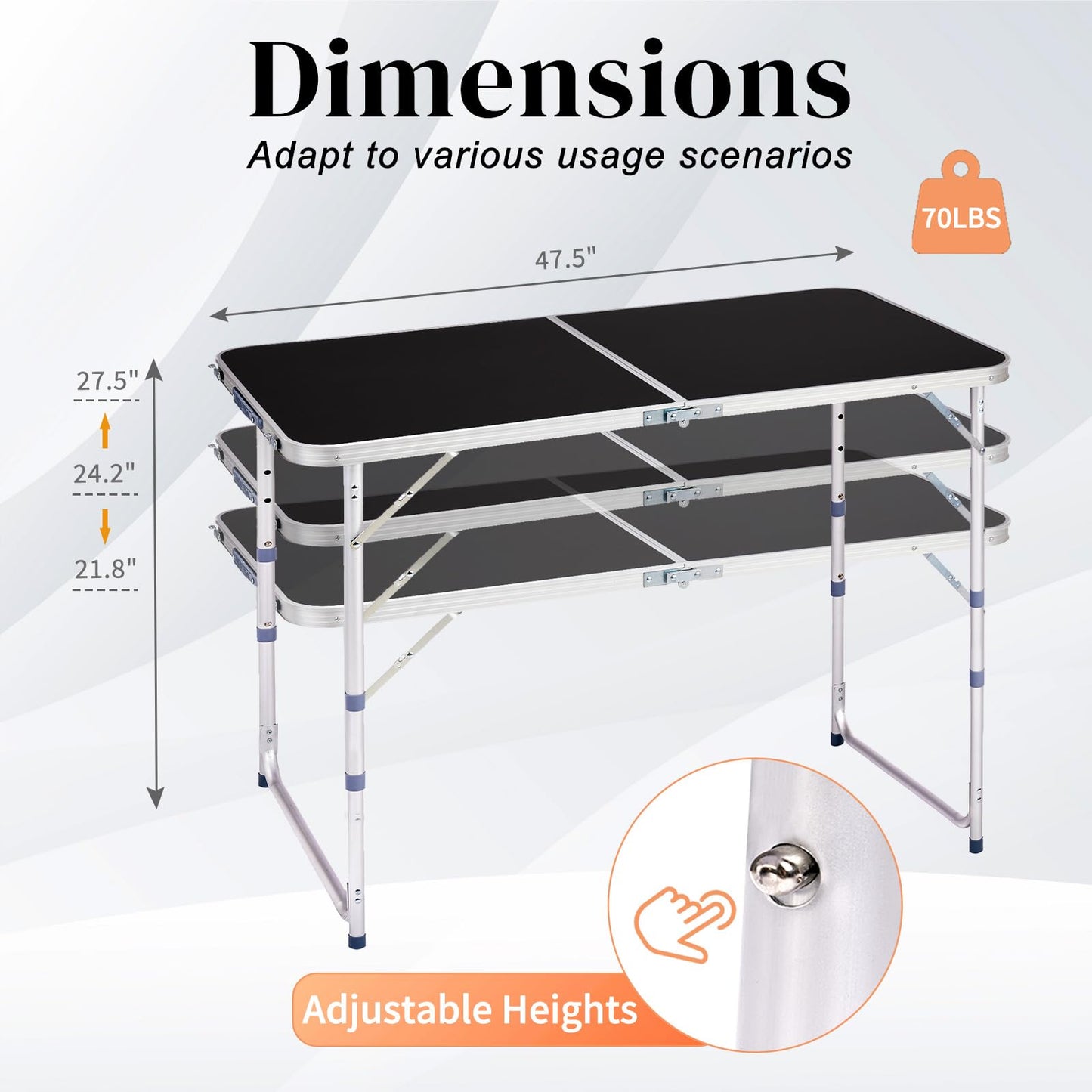 GODECOR 4.0 Ft Folding Portable Camping Table with Three Adjustable Heights, RV Tables for Inside a Camper, Outdoor, BBQ, Dining, Picnic, Cooking, Beach, Garden, Black