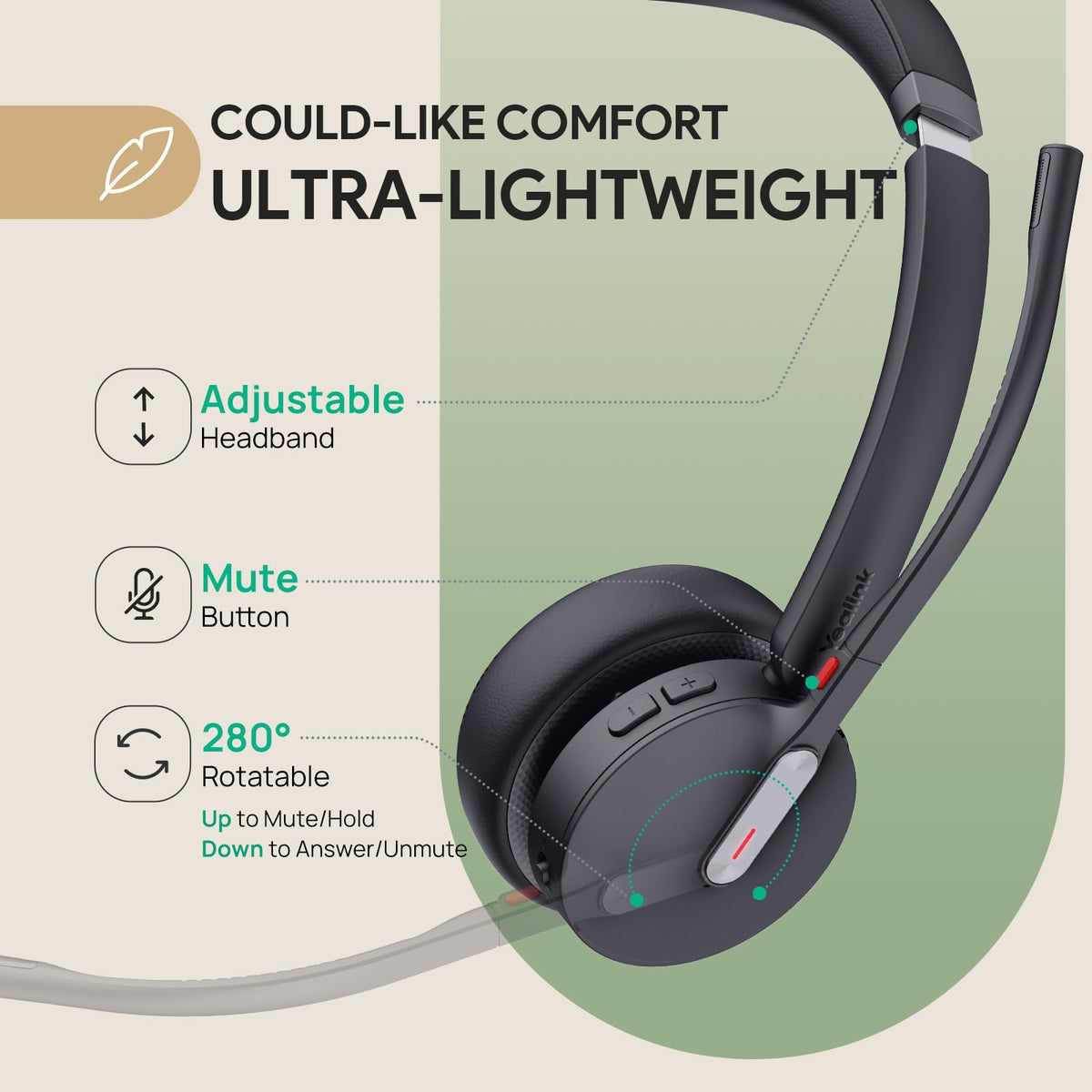 Yealink BH70 Mono Teams Wireless Headset with Mic for Work, Microsoft Teams Certified Bluetooth Headphone for 35h Calling, 91g All-Day Wearing Comfort, Perfect for Open Office, USB-C/A