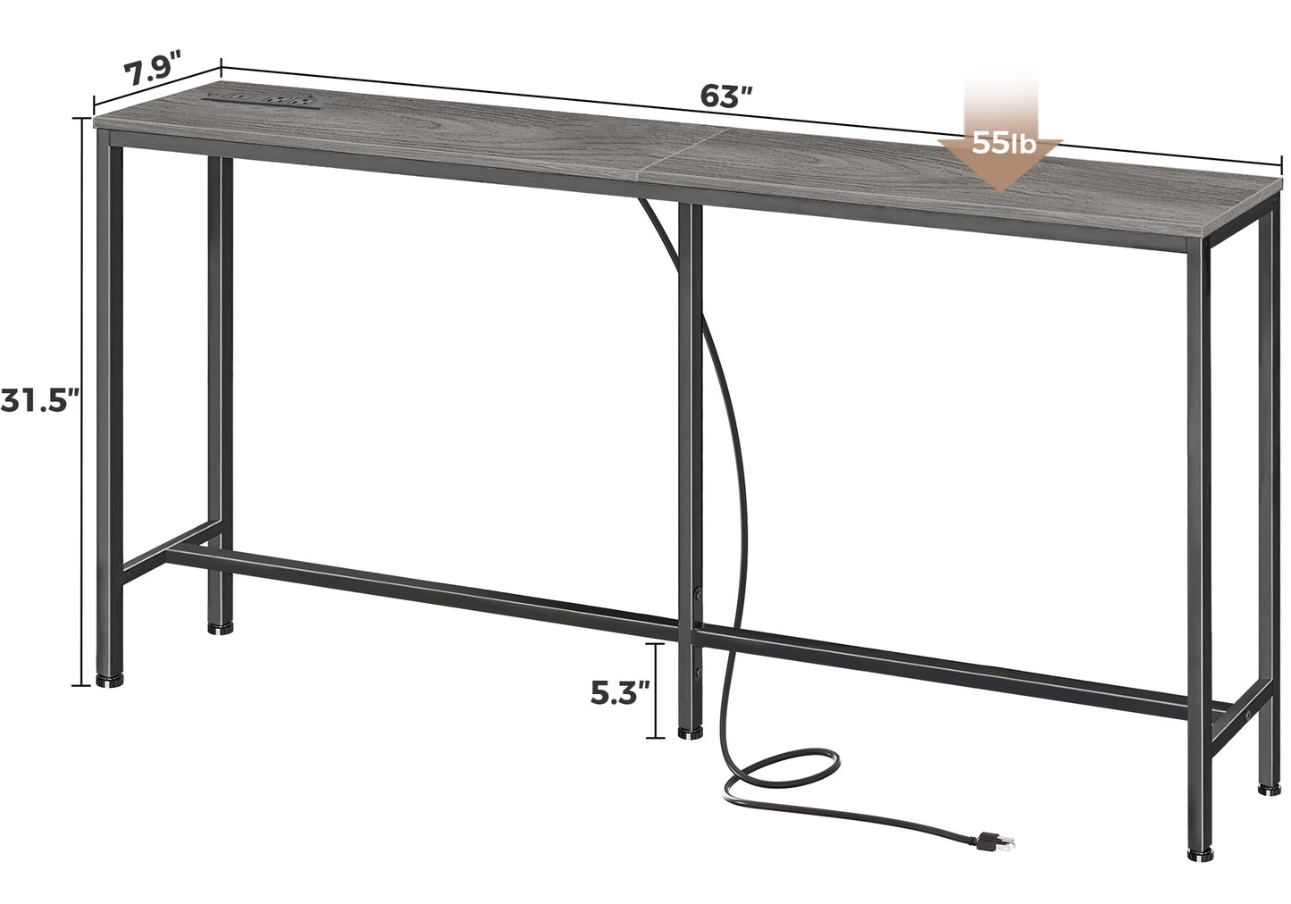 SUPERJARE Console Table with Outlet, 63 Inch Sofa Table with Charging Station, Narrow Hallway Entryway Table, Behind Couch Table Skinny for Entryway, Living Room, Plants, Charcoal Gray