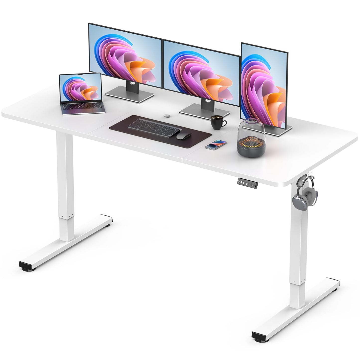 Xyndyx 55" Electric Standing Desk Adjustable Height, Sit Stand up Desk for Home Office & Computer Workstation, 2 Memory Height Settings, Splice Board, 2 Hooks, White Frame/White Top