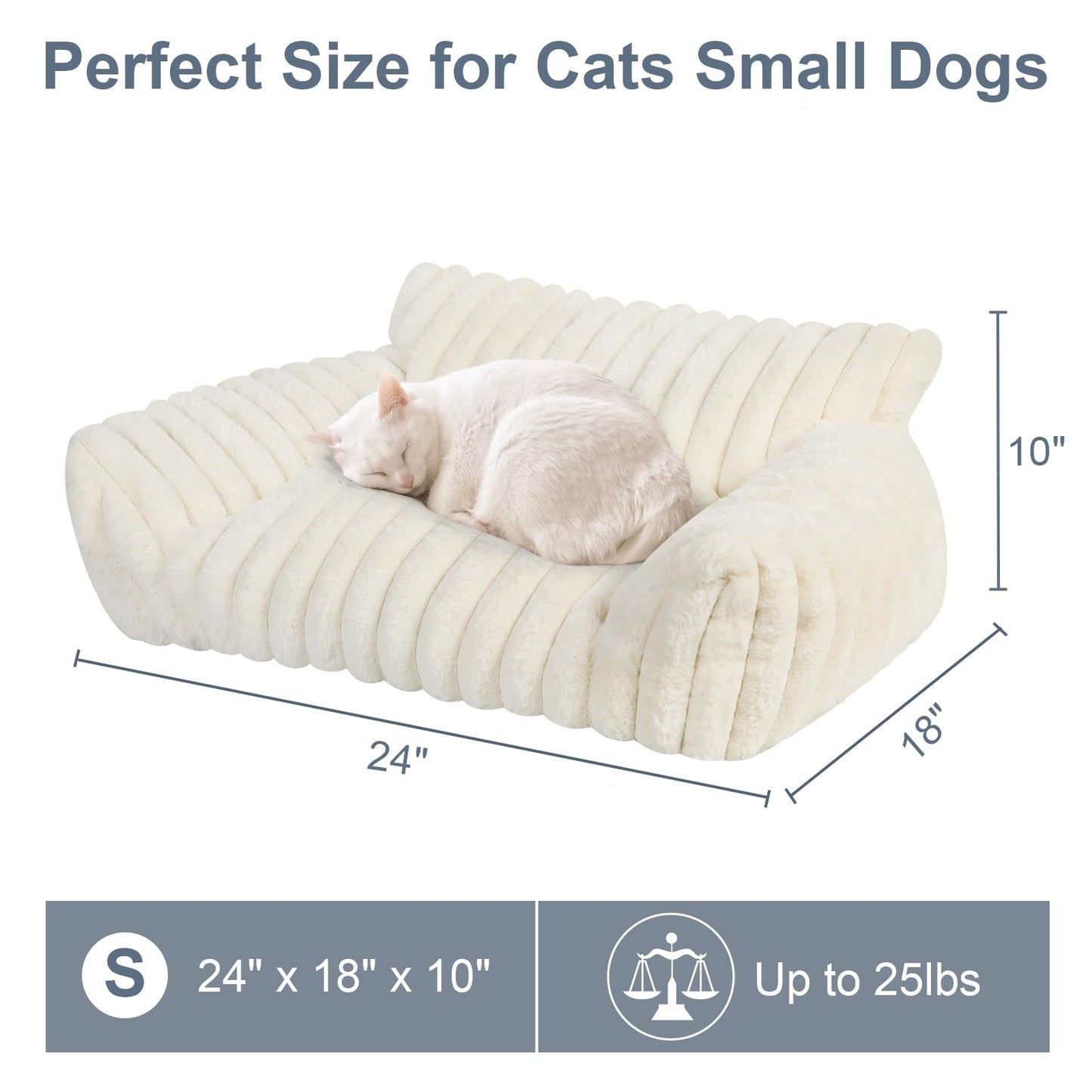 Cute Cat Couch Bed for Indoor Cats, Fluffy Pet Cat Sofa with Premium Soft Corduroy Fleece, Cute Small Dog Beds for Small Dogs, Fuzzy Puppy Chair with Removable Washable Cover (24x18x10,Cream)