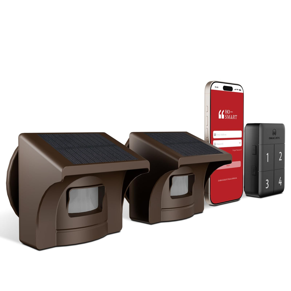 eMACROS Pro 4 Smart Solar Driveway Alarm (2.4G Wi-Fi Only) - App Push Notifications, 1/2 Mile Wireless Range Motion Sensor & Rechargeable Base Station with 3-Day Backup (1 Base & 2 Sensors)