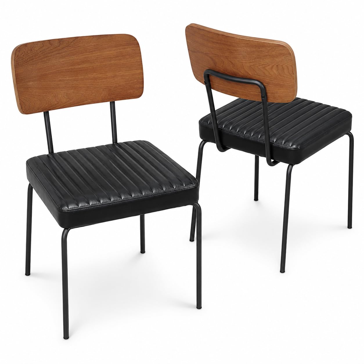 Dining Chairs Set of 2, PU Upholstered Kitchen & Dining Room Chairs with Curved Wood-Grain Plywood Back, Black Metal Legs, Adjustable Foot Pads, Armless Chairs for Dining Room, Kitchen, Vanity, Office