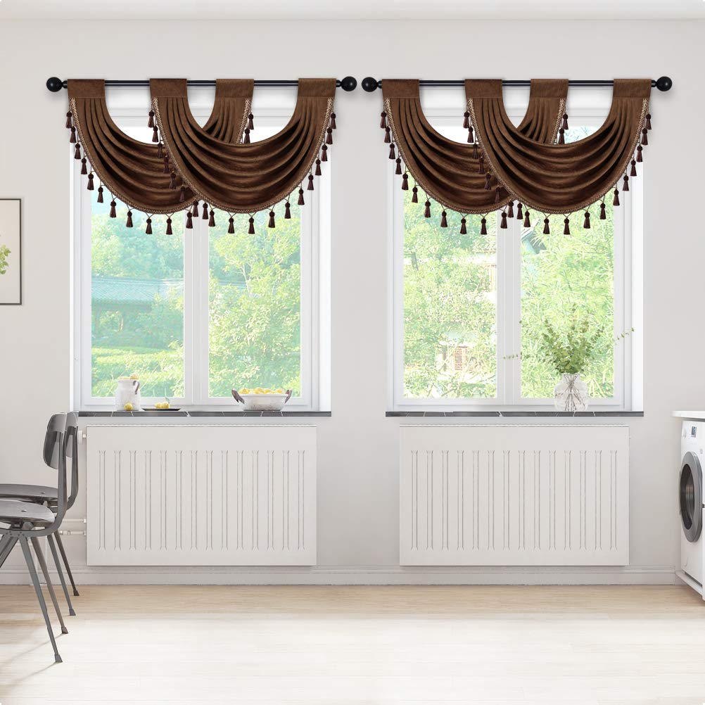 ELKCA Thick Chenille Waterfall Swag Valances for Living Room Chocolate Valance Curtains for Kitchen, Pack of 4(Chocolate, 30" W x 22" L)