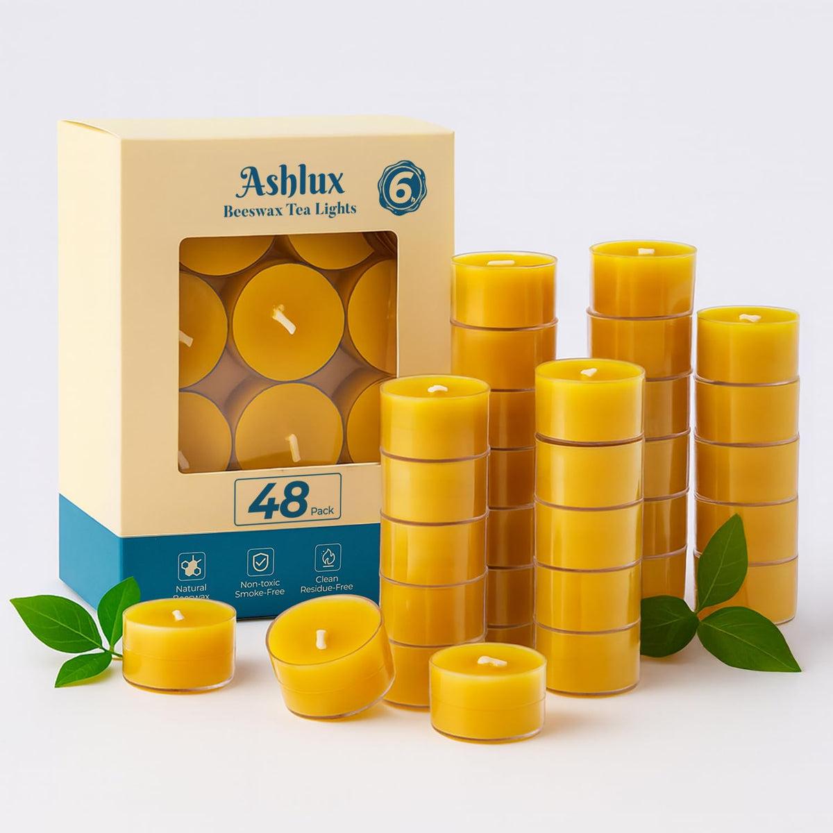 Ashlux 6 Hours Beeswax Tealights Candles, 48 Packs Pure Beeswax Tea Lights