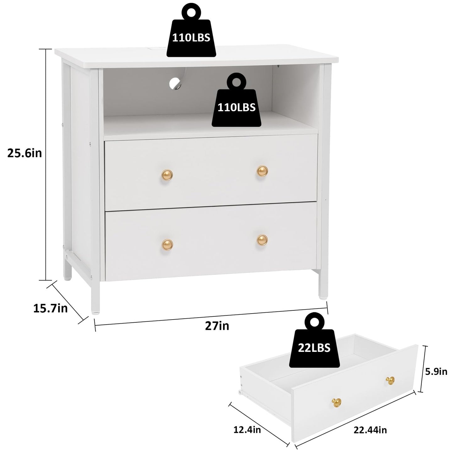 Tykacna 27 Inch Wide Night Stand, Large Wood Night Stand Set 2 with 2 Drawers, LED Nightstand with Charging Station and Adjustable Drawer, Bedside Table for Living Room/Bedroom/Study/Office, White.