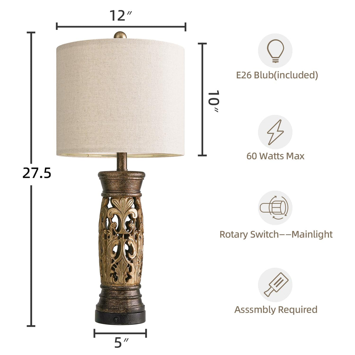 BOBOMOMO 27.25” Antique Gold Table Lamps Set of 2 – Farmhouse Bedside Lamps with Night Light & USB A+C Ports, Vintage Lamps for Bedroom, Living Room, Entryway, Nursery, Reading Nook(Bulbs Included