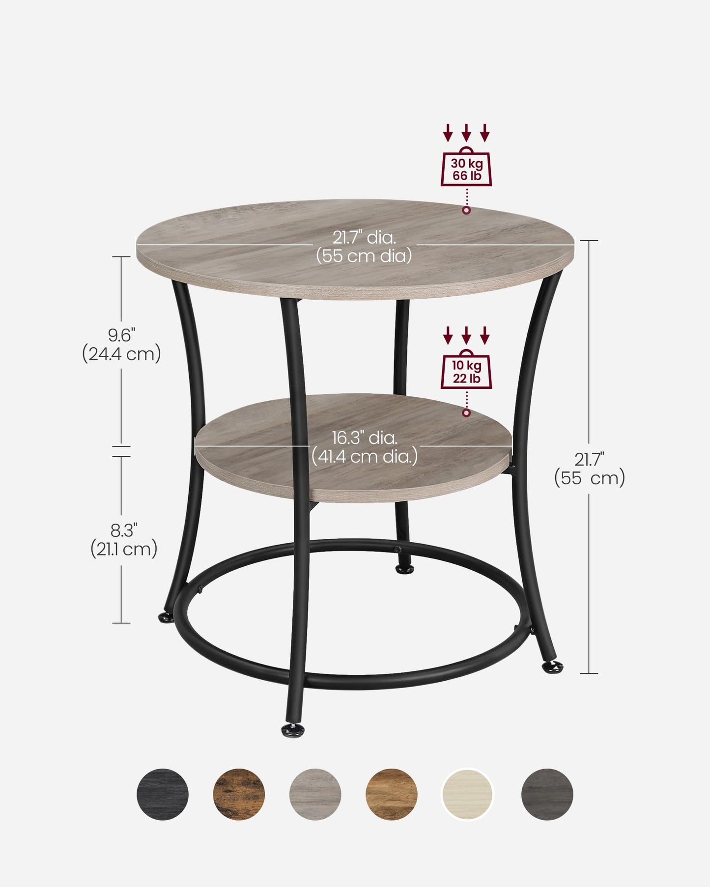 VASAGLE 21.7-Inch Round Side Table, 2-Tier End Table, Nightstand with Steel Frame, Spacious Top, for Small Spaces, Living Room, Bedroom, Heather Greige and Ink Black ULET56BG