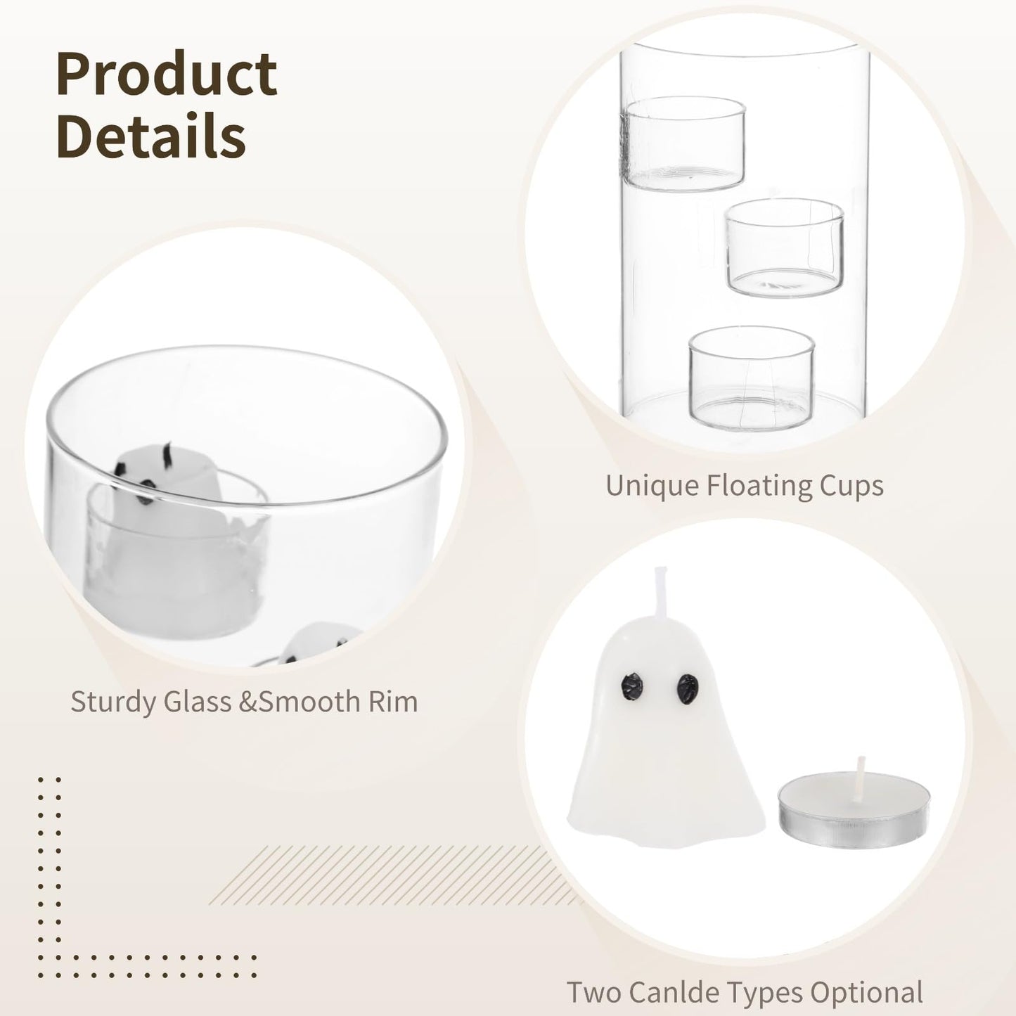 Halloween Glass Candle Holder Set, Decorative Cylinder Candle Holder with 15 Candles and 20 Tea Lights, Floating Centerpiece Kit for Parties, Weddings, Holidays