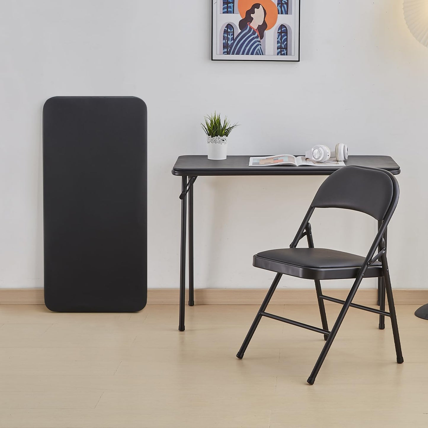 KAIHAOWIN Metal Folding Table, Small Foldable Desk with Vinyl Top, Powder-Coated Steel Legs, Compact Lightweight PortableTable for Craft/Dinner/Writing-No Assembly Require