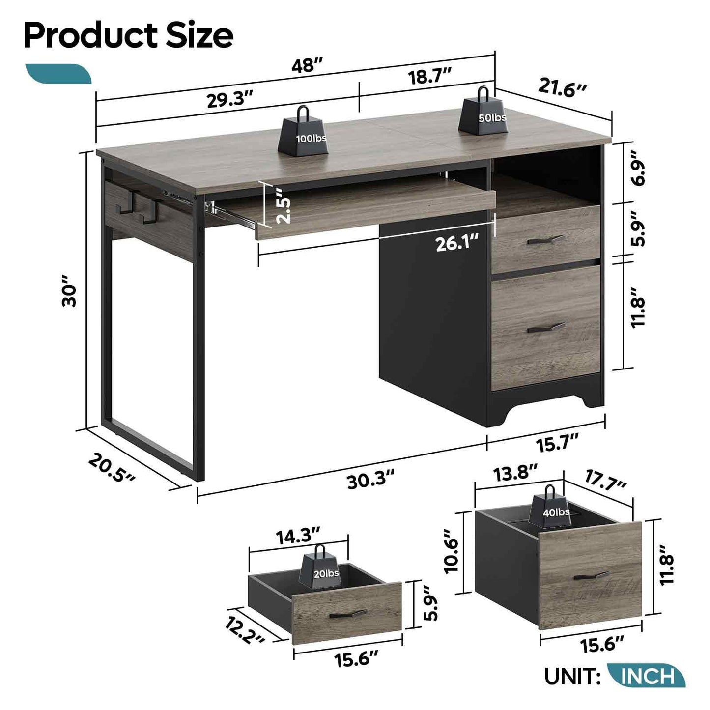 Bestier 48” Computer Desk with Drawers, Office Desk with Storage, Industrial Wood Writing Desk with File Drawer, Keyboard Tray & 2 Hooks for Home Office & Studio, Gray