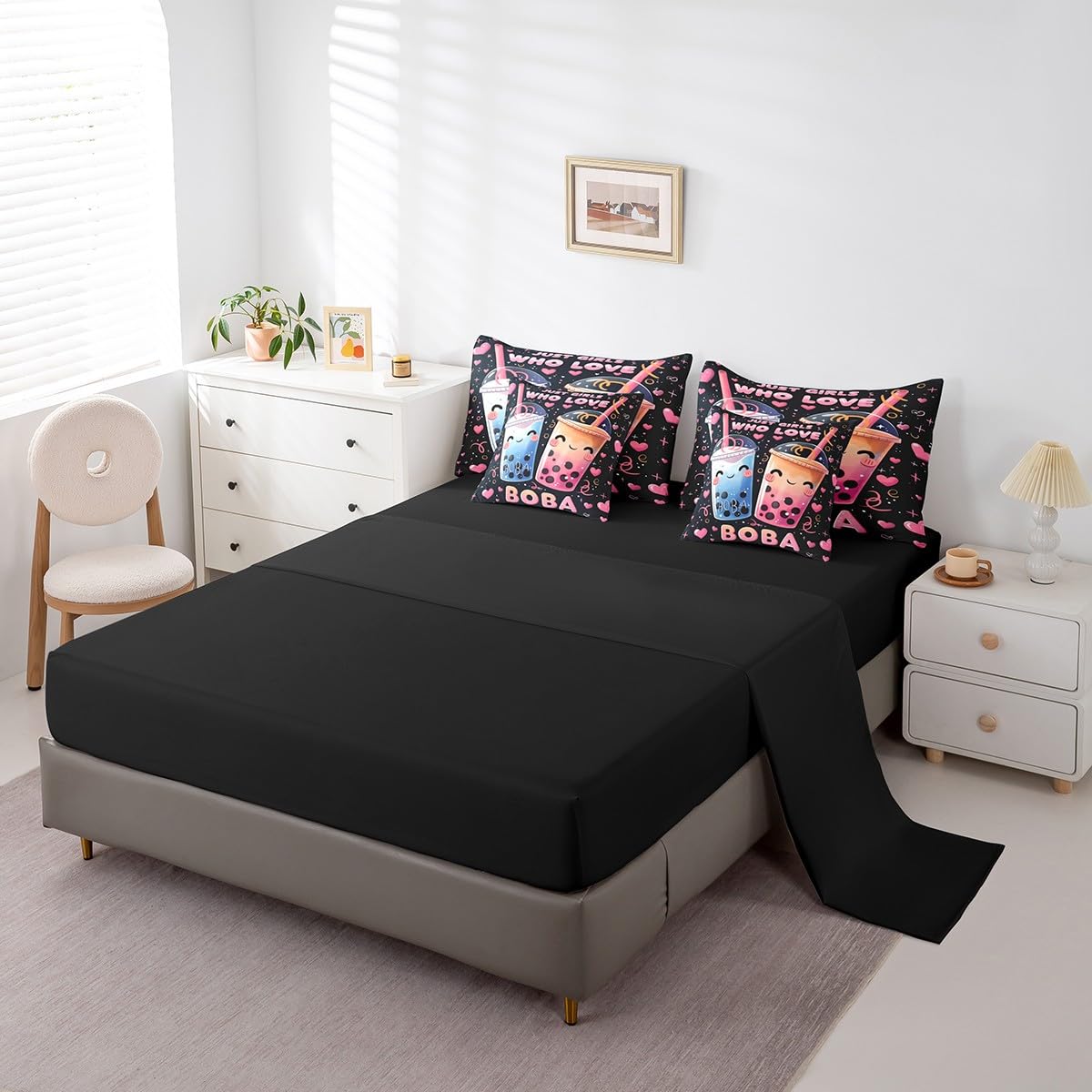 Erosebridal 7 Piece Boba Tea Queen Bedding Set,Bubble Tea Bed Set Cute Boba Gifts for Kids Teen Girls,Funny Food Theme Comforter Set Kawaii Anime Bed in a Bag with Fitted+Flat Sheet,Pillowcases
