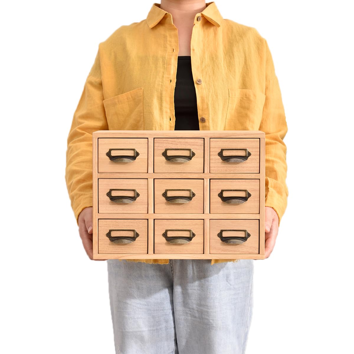 KIRIGEN Wooden Desk Storage Cabinet with 9 Mini Drawers, Wood Desktop Organizer with Metal Label Handles for Office Supplies, Crafts, Tea Bags, Makeup, Natural 9CG-NA