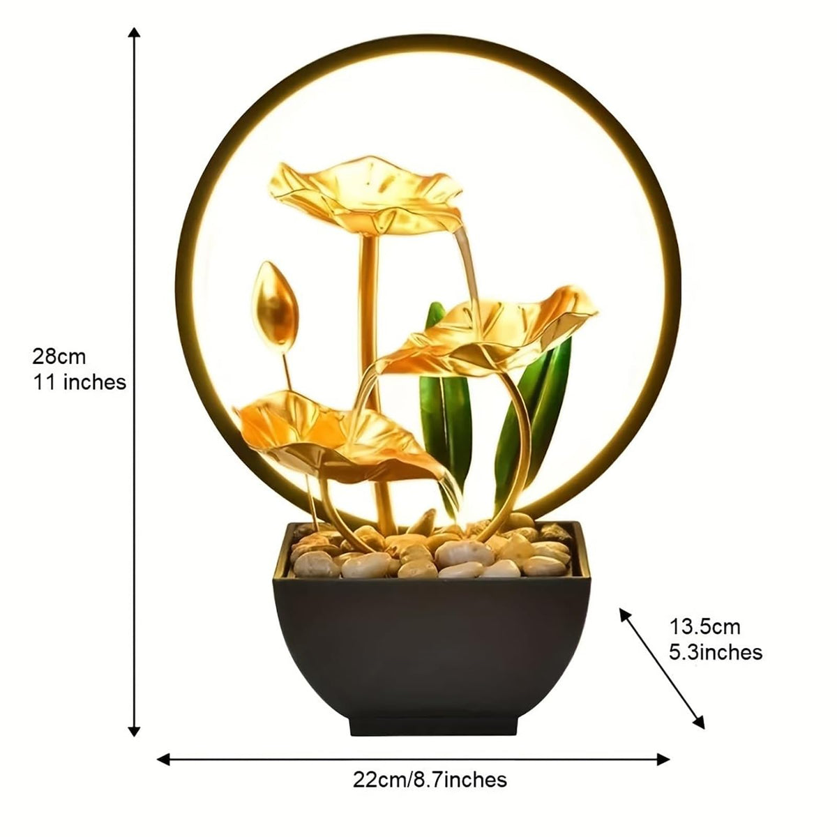 Huazzzyi Tabletop Fountain with Led Light, 11 in Gold Lotus Table Top Water Fountain Indoor USB Powered Zen Desk Waterfall Fountain with 1 Replacement Water Pump