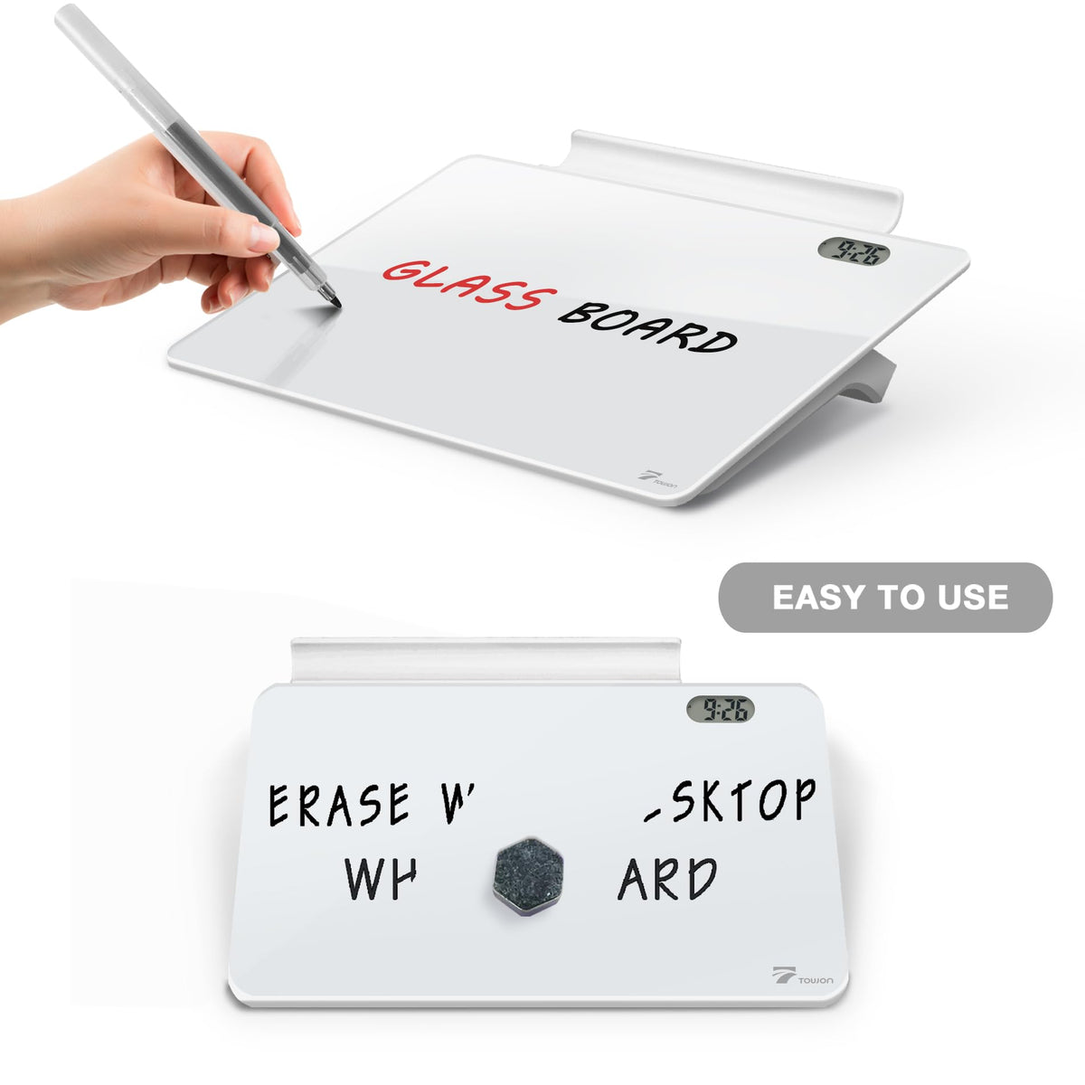 Small Glass Desk Whiteboard Dry-Erase Board with Clock, Small Travel Clock Keychain with Desk Notepad, Time Table Whiteboard for Desk Digital LED Light Display, 8x6 in with Accessories, White