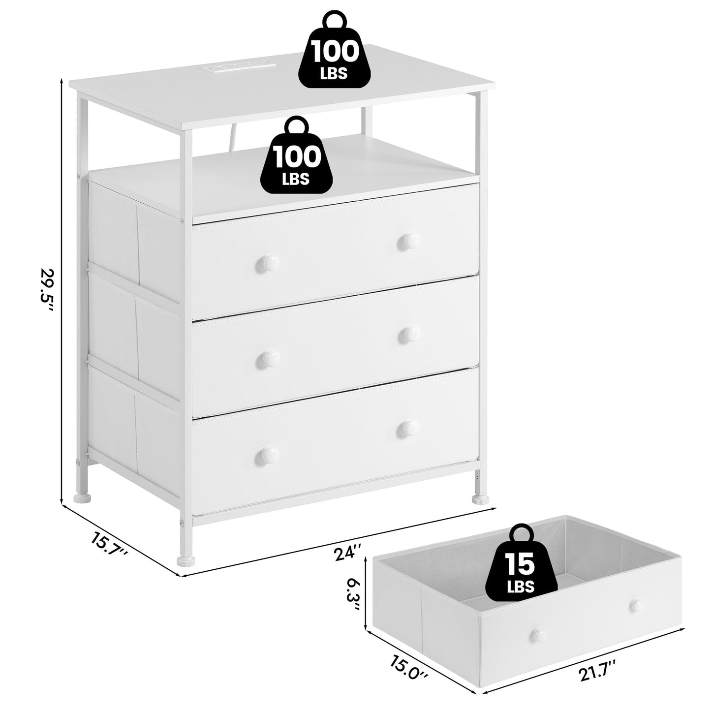 PATAVOT 3 Drawers Dresser with Charging Station, 24 Inch Wide LED Night Stand Set 2 with Adjustable Fabric Drawer, Nightstand with Storage Shelf for Living Room/Bedroom/Office, White.
