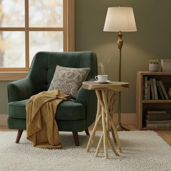 Greenage Teak Branch Coffee Table 15.7"x15.7"x27.6" Wooden Live Edge Side Table