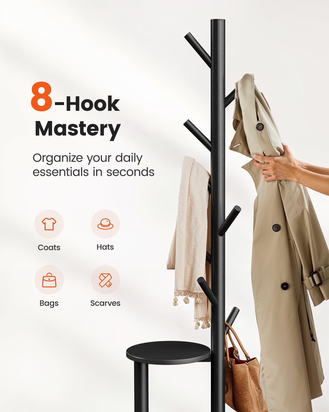 Pipishell Coat Rack, Freestanding Hall Tree with 8 Hooks & Storage Shelf, Solid Wood Base, 66.3″ Tall Coat Rack Stand for Coats, Hats, Bag in Entryway, Bedroom, Living Room, Black, PIFCR11B