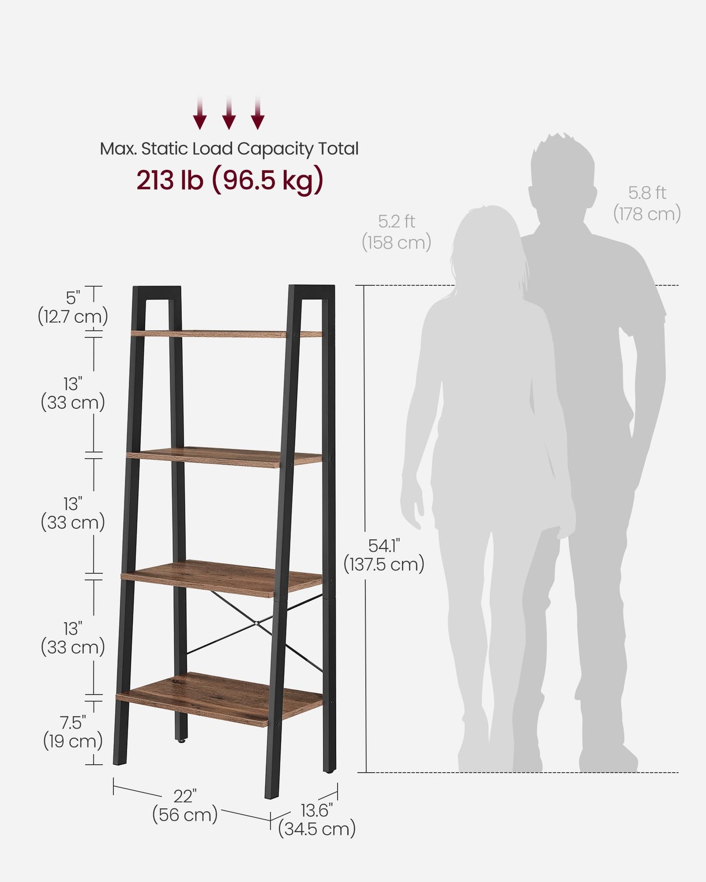 VASAGLE BARNET Collection - Ladder Shelf, Bookshelf, Storage Rack, Modern Bookcase for Living Room Home Office Kitchen, Steel Frame, 4-Tier, 22-Inch Wide, Hazelnut Brown and Ink Black ULLS044B03