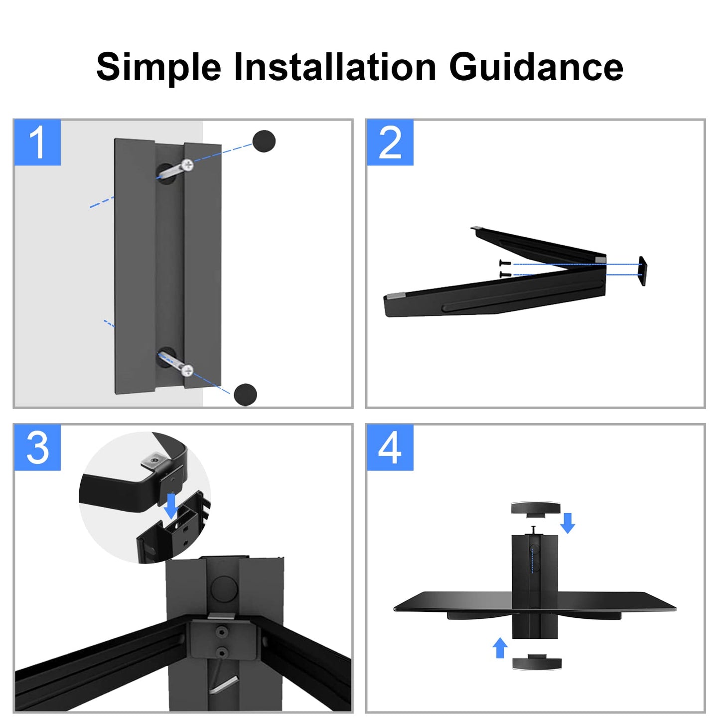 suptek Glass Floating Shelf, 1 Tier Media Shelf for TV Accessories, Flat Black Wall Mount Bracket, 17.6lbs Weight Capacity, Quick Installation, Cable Management, Custom Style, Backless