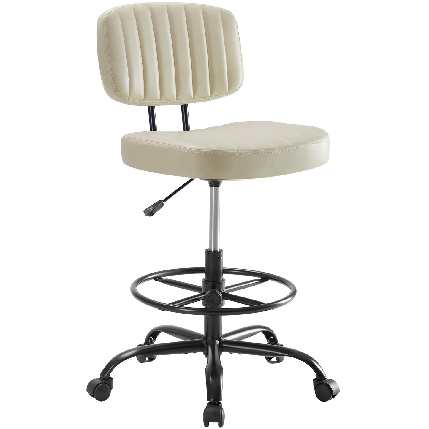 DUMOS Armless Drafting Chair, Low Back Office Seat with Adjustable Footrest Ring for Standing Desk, Ergonomic PU Leather Office Seating, Swivel Rolling High Stool for Studio, Lab, Counter, Beige