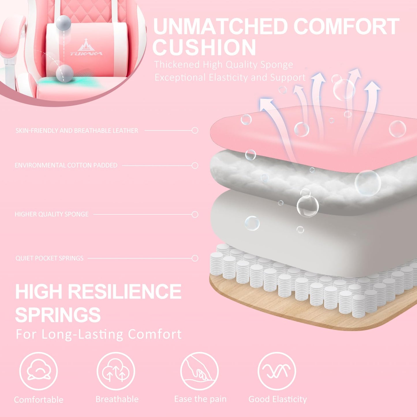 TUKAKA Pink Gaming Chair,Ergonomic Massage Computer Office Desk Chai r with Footrest,Pocket Spring Cushion,Reclining Leather Adjustable Gamer Chair with Headrest and Lumbar Support,Pink